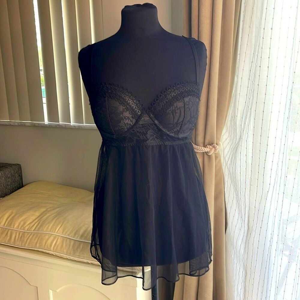 Victoria’s Secret Babydoll Top Teddy Nightie Black Lace Push-Up Lingerie 36C